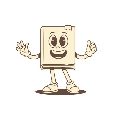 Gülümseyen çocuksu çizgi film karakteri el sallıyor. Şirin çizgi roman minimalist edebiyat kütüphanesi eğitim okuyor.