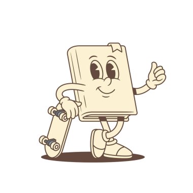 Kaykay vektör illüstrasyonlu havalı çocuksu çizgi film karakteri. Komik minimalist edebiyat kütüphanesi eğitim maskotu genç spor parkı hilesi