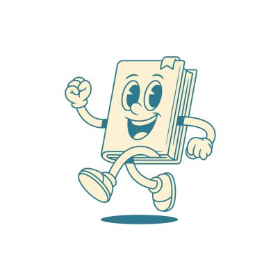 Vektör çizimi yapan sevimli, gülümseyen çocuksu çizgi film karakteri. Çizgi romanlardaki minimalist edebiyat eğitimi maskot jogging sporu okumak, eğlenmek.