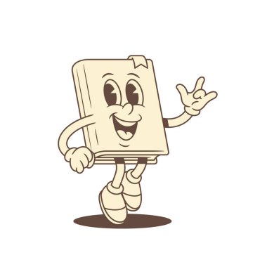 Taş jest çizimi ile zıplayan sevimli çocuksu çizgi film karakteri. Komik minimalist edebiyat kütüphanesi eğitim maskotu olumlu duygularla eğleniyor.