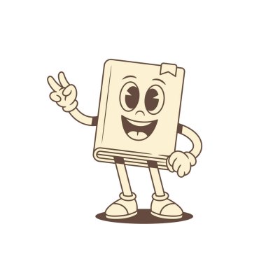 Gülümseyen çocuksu çizgi film karakteri barış jesti illüstrasyonuyla. Sevimli, pozitif minimalist edebiyat kütüphanesi, eğitim maskotu ve iki parmağı var.