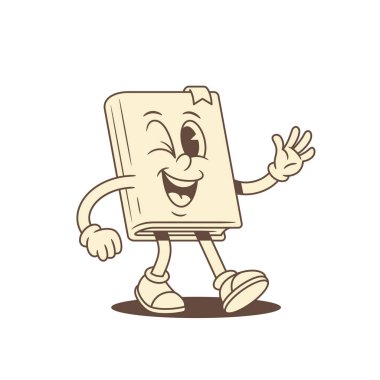 Çizgi roman karakteri, vektör illüstrasyonuna göz kırptı. Şirin minimalist edebiyat kütüphanesi eğitim maskotu gülümsüyor ve olumlu duygularla yürüyor.