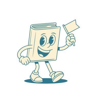 Bayrak vektör illüstrasyonlu mutlu çocuksu çizgi film karakteri. Gülümseyen komedyen minimalist edebiyat kütüphanesi eğitim maskotunu işaret ve olumlu duygularla okuyor.
