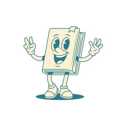 Tuhaf, sevimli, çocuksu çizgi film karakteri barış jesti çizimi. Mutlu çizgi roman minimalist gülen kitap edebiyat kütüphanesi olumlu duygularla eğitim maskotu okudu