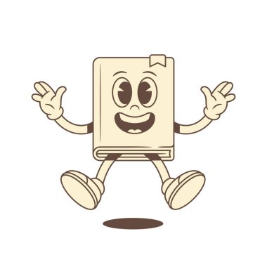 Aşırı neşeli çocuksu çizgi film karakteri sıçrama vektörü çizimi. Gülen mutlu minimalist edebiyat kütüphanesi eğitim maskotu gülümsüyor ve eğleniyor.