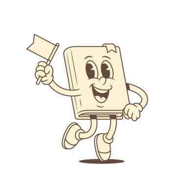Bayrak vektör çizimi olan aşırı neşeli çocuksu çizgi film karakteri. Sevimli gülen minimalist ders kitabı kütüphanesinde eğitim maskotu olumlu duygu okuyor.