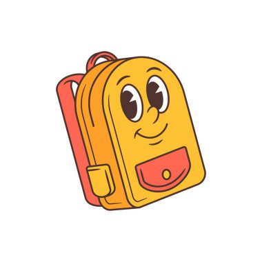 Neşeli gözlü, gülümseyen yüzlü ve renkli mercan cepli Retro karikatür okul maskotu. Eğitici temalar, çocuk dostu tasarımlar ve eğlenceli okul markalaşma projeleri için ideal