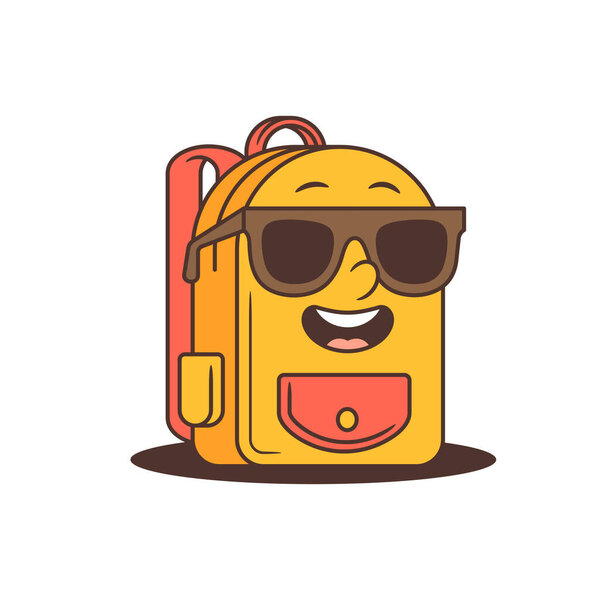 Стильный рюкзак школы карикатуры талисман с темными солнцезащитными очками, веселую улыбку, коралловый карман, и смелые черные очертания в стиле ретро анимации. Отлично подходит для образовательного брендинга, игровой печати или детских СМИ