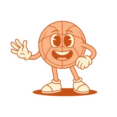 Neşeli basketbol topu çizgi film karakteri el sallayarak vektör düz çizim yapıyor. Şirin komedi takımı spor maçı turnuva maskotu merhaba olumlu duygularla hoş geldin jesti