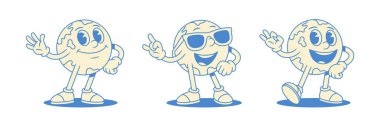 Komik, havalı dünya gezegeni çizgi film karakteri mutlu set vektör düz çizim. Şirin komik minimalist küresel seyahat çevresi maskot güneş gözlüğü baş parmak yukarı selamlar merhaba