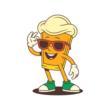 Komik çizgi film bira bardağı köpüklü kafa, kırmızı güneş gözlüğü, gülümseme, kollar ve bacaklar kendine güvenen jestler. Bira fabrikaları ve festivaller için harika. Vektör illüstrasyonu