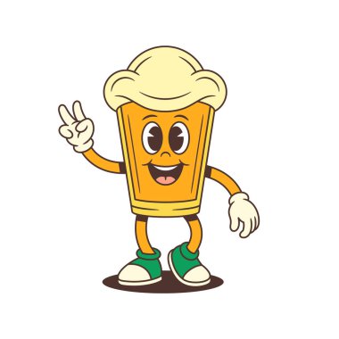 Büyük köpük kafalı, neşeli ifadeli ve sağ elini kullanarak barış hareketi gösteren parlak çizgi film karakteri. Bira imalatı için harika. Vektör illüstrasyonu