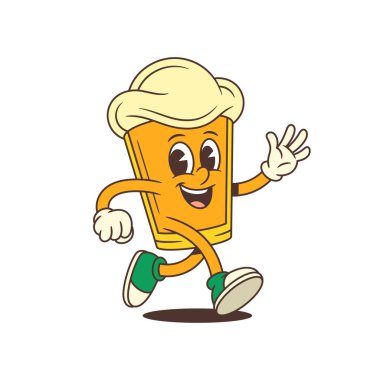 Enerjik çizgi film karakteri köpüklü kafalı yeşil spor ayakkabılı ve neşeli hareketlerle el sallayan. Bira imalatı ve etkinlikler için harika. Vektör illüstrasyonu