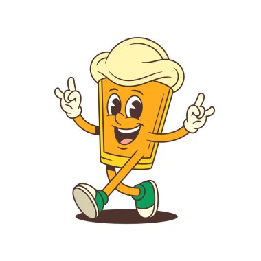 Büyük köpük kafalı neşeli çizgi film karakteri kaya el hareketlerini iki eliyle sergilerken güvenle yürüyor ve gülümsüyor. Bira festivali promosyonu için uygun. Vektör illüstrasyonu