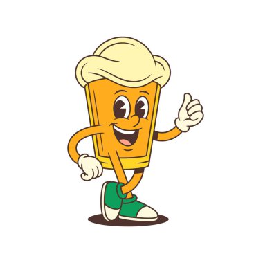 Büyük köpüklü kafasıyla neşeli sarı çizgi film bira maskotu sol eliyle baş parmaklarını kaldırırken gülümsüyor. Bira markası ve bira festivali için mükemmel. Vektör illüstrasyonu