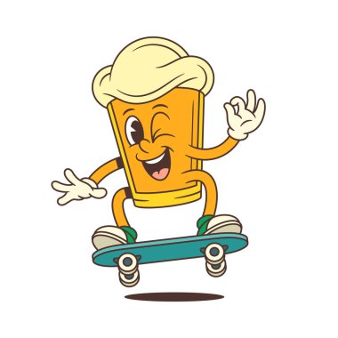 Yeşil kaykayın üzerinde köpük kafa atlayan, göz kırpan ve el işareti yapan oyuncu çizgi film karakteri. Bira imalatı ya da olay kimliği için mükemmel. Vektör illüstrasyonu