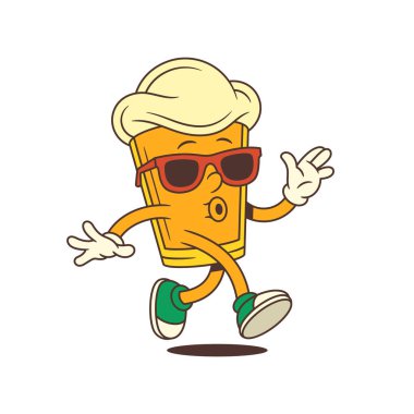 Islık çalarak ve şık kırmızı güneş gözlüğü takarak büyük köpüklü kafasıyla enerjik sarı çizgi film bira cam maskotu. Bira markası ve bira festivalleri için ideal. Vektör illüstrasyonu