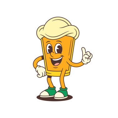 Neşeli çizgi film bira cam maskotu önemli bilgilere dikkat çekmek için başparmak işareti yapıyor. Bira markası ve bira festivali için ideal. Vektör illüstrasyonu