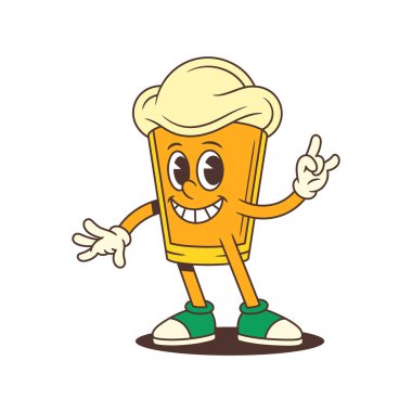 Parlak sarı çizgi film bira bardağı maskotu kaya el hareketi gösterirken geniş bir gülümseme sergiliyor. Bira markaları, bira festivalleri ve pazarlama malzemeleri için ideal. Vektör illüstrasyonu