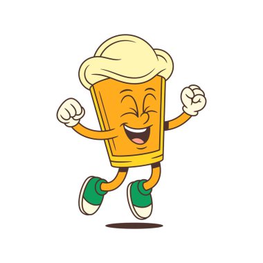 Neşeli çizgi film bira bardağı maskotu kapalı gözlerle sıçradı ve kutlama ve zafer için yumruklarını kaldırdı. Bira markaları, bira festivalleri ve promosyon malzemeleri için ideal. Vektör illüstrasyonu