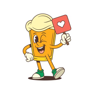 Neşeli sarı çizgi film bira cam maskotu elinde kalp sembolü olan kırmızı bir tabela tutarken göz kırpıyor. Parlak, dostane ve göz alıcı vektör çizimi