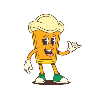 Büyük köpük kafalı, gülümseyen çizgi film cam maskotu gevşek bir jest gösteriyor. Bira markaları, festivaller ve promosyonlar için mükemmel. Reklamlar için eğlenceli renkli sanat eserleri. Vektör illüstrasyonu