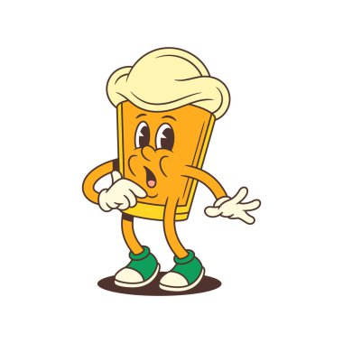 Büyük köpük kafalı komik çizgi film cam maskotu korkmuş bir ifade sergiliyor ve panik içinde elini uzatıyor. Bira markası ve reklamlar için ideal. Beyazda izole edilmiş. Vektör illüstrasyonu