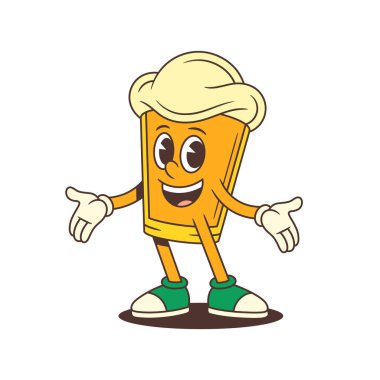 Büyük köpük kafalı neşeli çizgi film bira maskotu geniş bir gülümseme ve hoş geldin jesti olarak kollarını açıyor. Bira imalatı ya da etkinlik terfisi için mükemmel. Vektör illüstrasyonu