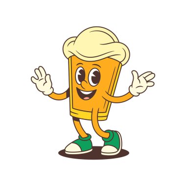 Neşeli çizgi film bira maskotu köpüklü kafasıyla mutlu ve misafirperver bir şekilde el sallıyor. Bar logosu, bira markası ya da şenlikli olay tasarımı için mükemmel. Vektör illüstrasyonu