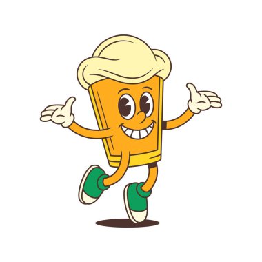 Mutlu çizgi film cam maskotu köpüklü üstten atlamalı geniş gülümsemeli ve kollarını neşeli hareketlerle açık tutmalı. Bar markalaşması ya da olay tasarımı için uygun. Vektör illüstrasyonu