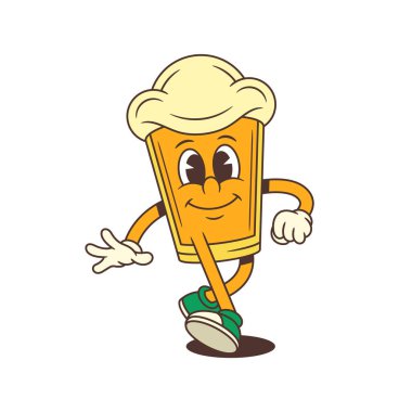 Büyük köpük kafalı komik bira bardağı maskotu neşeli bir gülümsemeyle güvenli bir şekilde ilerliyor. Festival markası, bar kimliği ya da promosyon tasarımı için mükemmel. Vektör illüstrasyonu