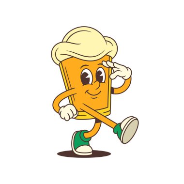 Neşeli çizgi film bira maskotu köpük kafalı ileri doğru yürüyor ve mutlu bir yüzle selamlıyor. Bira imalatı ya da şenlikli promosyonlar için mükemmel. Vektör illüstrasyonu