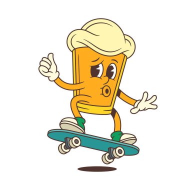Köpük kafalı, kaykay süren, ıslık çalan ve baş parmak işareti yapan komik çizgi film cam maskotu. Bira fabrikası kimliği ya da organizasyon terfisi için mükemmel. Vektör illüstrasyonu