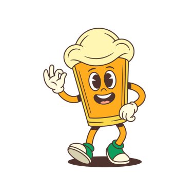 Büyük köpük kafalı, gülen çizgi film cam maskotu arkadaşça bir el hareketi yapıyor. Bira markası ya da festival promosyonu için ideal. Vektör illüstrasyonu