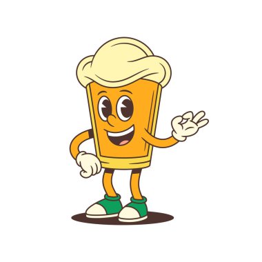 Mutlu çizgi film bira maskotu köpüklü kafası gülümsüyor ve OK el hareketi yapıyor. Bira markası ya da bira festivali malzemeleri için eğlenceli ve neşeli bir tasarım. Vektör illüstrasyonu