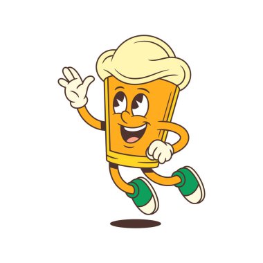 Büyük köpük kafalı neşeli çizgi film bira maskotu el sallarken yukarı bakıyor ve neşeli bir poz veriyor. Bira markası ya da festival kullanımı için mükemmel. Vektör illüstrasyonu