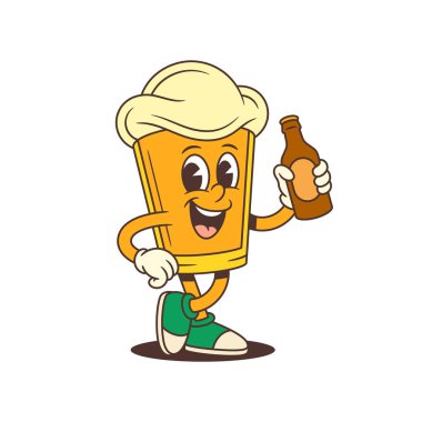 Köpüklü kafalı vektör çizgi film bira maskotu elinde kahverengi bira şişesi tutarken bacak bacak üstüne atmış duruyor. Bira markaları, bira festivalleri ve içecek pazarlama tasarımları için mükemmel.