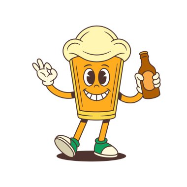 Neşeli çizgi film bira maskotu köpüklü kafasıyla bira şişesi kaldırıyor ve el işareti yapıyor. Bira markası ve bira festivali promosyonu için uygun. Vektör illüstrasyonu