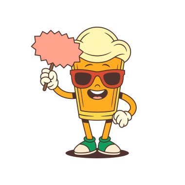 Büyük köpük kafalı ve güneş gözlüklü neşeli çizgi film cam maskotu reklam veya markalaşma için boş tabelayla ayakta duruyor. Bira fabrikasının tanıtımı ve festivalleri için harika. Vektör illüstrasyonu