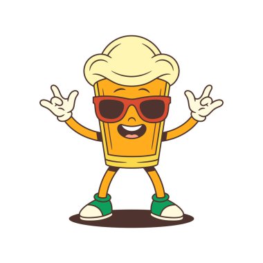 Büyük köpüklü ve kırmızı güneş gözlüklü bira cam maskotu kolları sonuna kadar açık duruyor ve ILY el hareketini gösteriyor. Bira festivalleri ve tanıtım etkinlikleri için mükemmel. Vektör illüstrasyonu