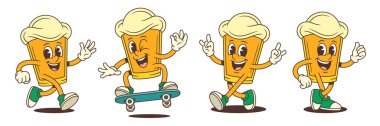 Çizgi filmdeki bira maskotu karakteri kaymak ve yürümek gibi eğlenceli aktiviteler gerçekleştirirken neşeli jestler ve yüz ifadeleriyle duygularını ifade ediyor. Vektör illüstrasyonu