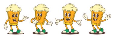 Neşeli bira maskotu karakteri, hareketleriyle duygularını ifade ediyor. Gevşeme, korku, el sallama ve çizgi roman ifadeleriyle karşılama pozları. Vektör illüstrasyonu