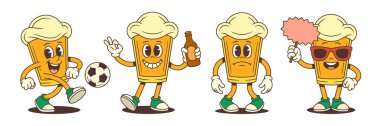 Sarı bira maskotu karakteri futbol topunu tekmelemek, bira şişesiyle dikilmek, üzgün görünmek ve güneş gözlüğü takmak gibi eğlenceli eylemler sergiliyor. Vektör illüstrasyonu