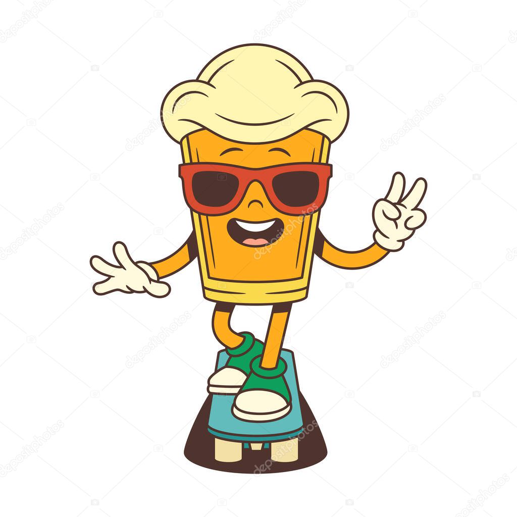 Cheerful yellow beer glass mascot with large foam top wearing sunglasses rides skateboard while showing peace gesture. Ideal for brewery branding and beer festival promotions. Vector illustration