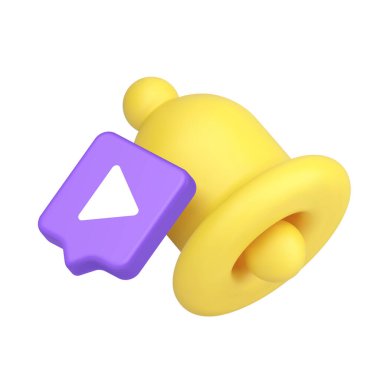 Alarm, medya, web tasarımı, uygulama UI ve yayın için çalma düğmesi olan sarı uyarı zili ve mor sohbet balonu. 3d gerçekçi vektör illüstrasyonu.