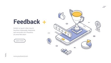 Geribildirim hizmeti perakende hızı değerlendirmesi izometrik web paneli tasarımı şablon çizimi çizimi çizimi çizimi. Müşteri memnuniyeti en iyi seçim ödülü ödüllendirme müşteri mobil uygulama teknolojisi