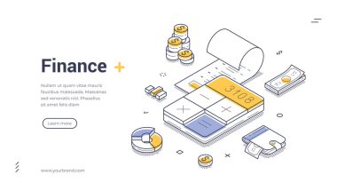 Finans bankacılığı muhasebe hesapları izometrik web pankartı tasarımı şablon çizgisi çizimi çizimi. Mali para muhasebecisi ticari iş planlaması bütçe dengesi analizi