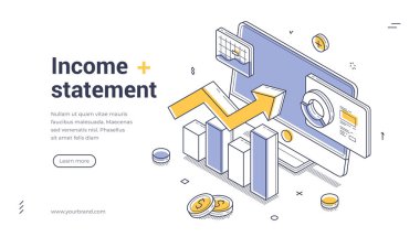 Gelir beyanı muhasebe mali analiz izometrik web pankartı tasarımı şablon çizgisi çizimi illüstrasyonu. İş kârı zenginlik analizi yönetim denge planlaması optimizasyonu