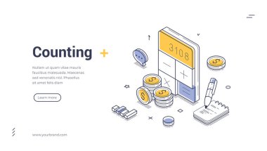 Para hesaplama finansal yönetim izometrik web paneli tasarımı şablon çizgisi çizimi illüstrasyonu sayılıyor. Finans bankacılığı, kar bütçesi hesaplama, gelir dengesi, gider muhasebesi.