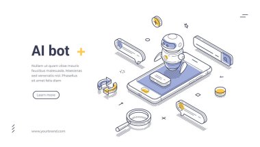Al bot sohbet robotu mobil uygulamanın izometrik web paneli tasarım şablon çizimi çizimine yardımcı olur. Yapay Zeka Robot Danışmanlık Arama Bilgileri Akıllı Telefon Uygulama Teknolojisi